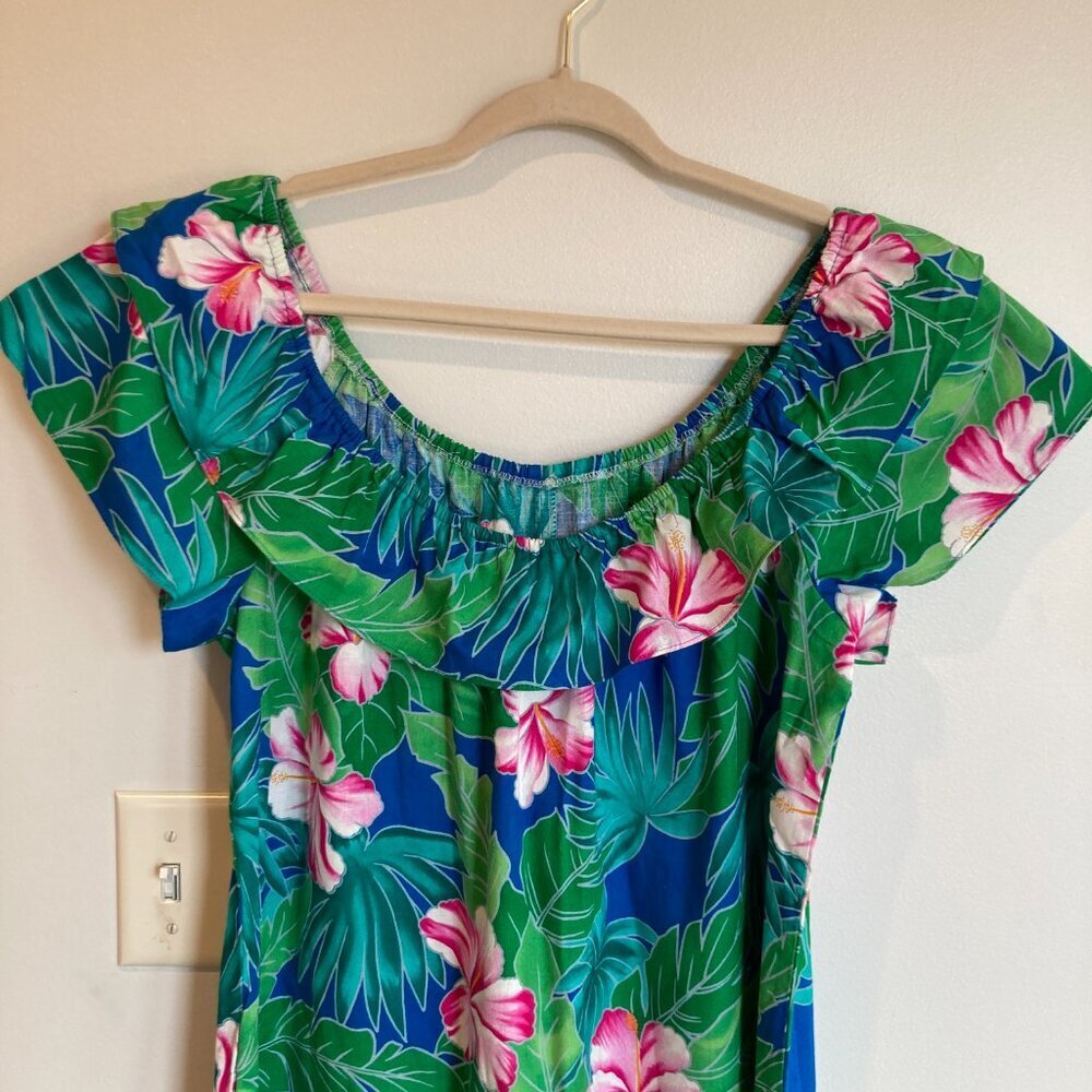 Hilo Hattie Blue & Green Tropical Floral Maxi Dress with Pink Flowers - Picture 3 of 8